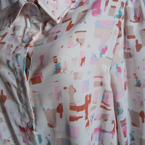 2XL Vintage 80s Abstract Print Blouse With Down Slinky Polyester Pleated Back De - Picture 4 of 7